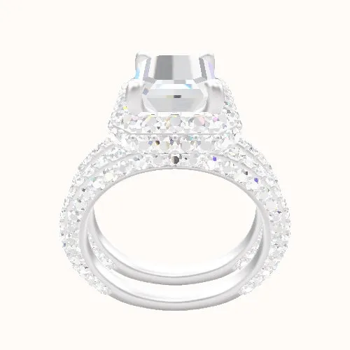 3/4 Three Row Pave Engagement Ring With Low Set Waterfall Halo Head and Matching Band