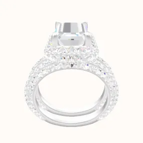 3/4 Three Row Pave Engagement Ring With Low Set Waterfall Halo Head and Matching Band