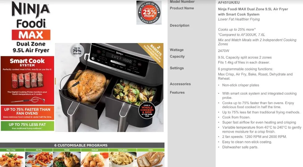 AF451 Ninja Dual Air Fryer 9.5L with Smart Cook Probe - Black