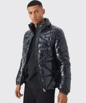 boohoo Mens Quilted High Shine Vinyl Funnel Neck Puffer