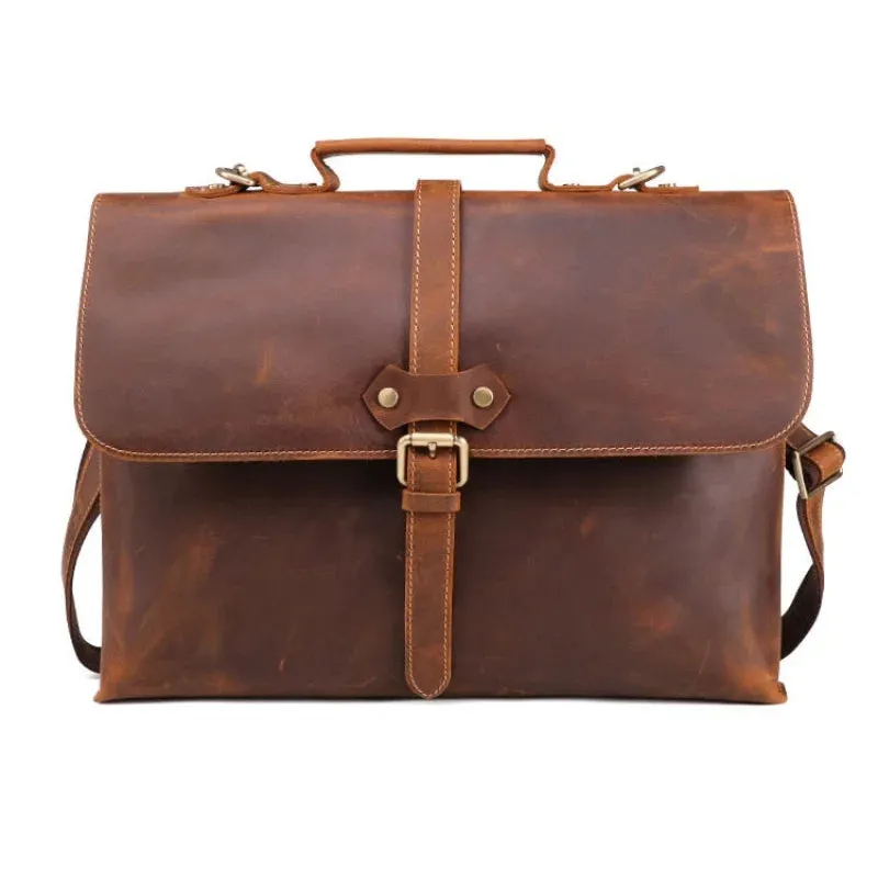 Business Crazy Horse Leather Men15.6 Inch Laptop Briefcase Handbags Shoulder Messenger Travel Bags