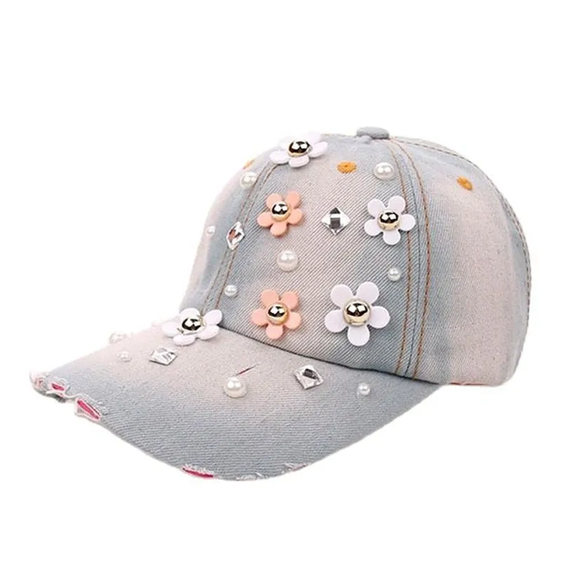 Casual Women's Rhinestone Handmade Curved Peak Floral Pattern Baseball Cap