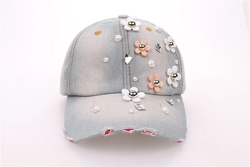 Casual Women's Rhinestone Handmade Curved Peak Floral Pattern Baseball Cap