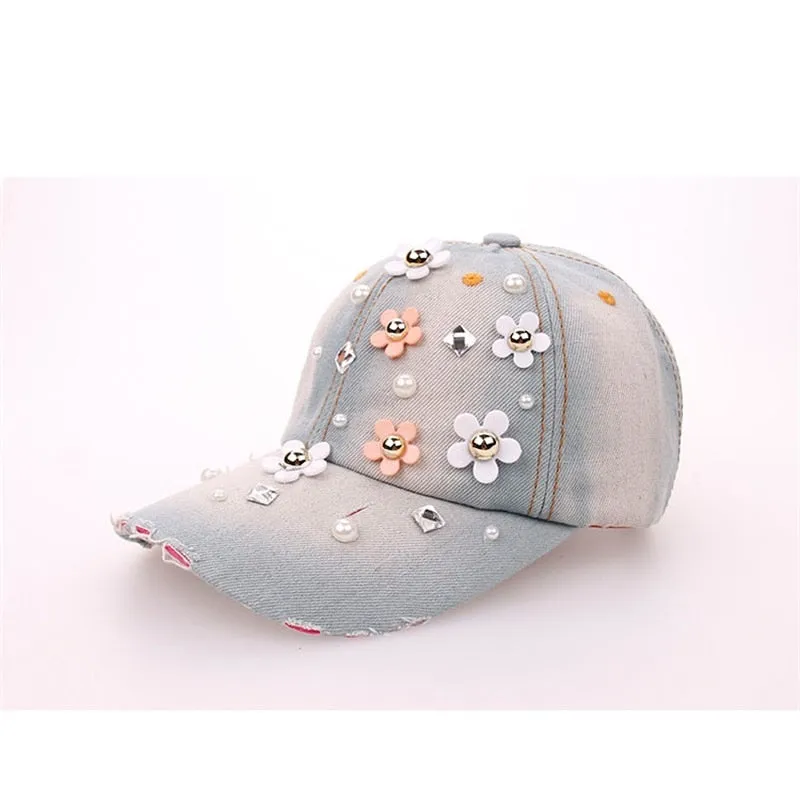 Casual Women's Rhinestone Handmade Curved Peak Floral Pattern Baseball Cap