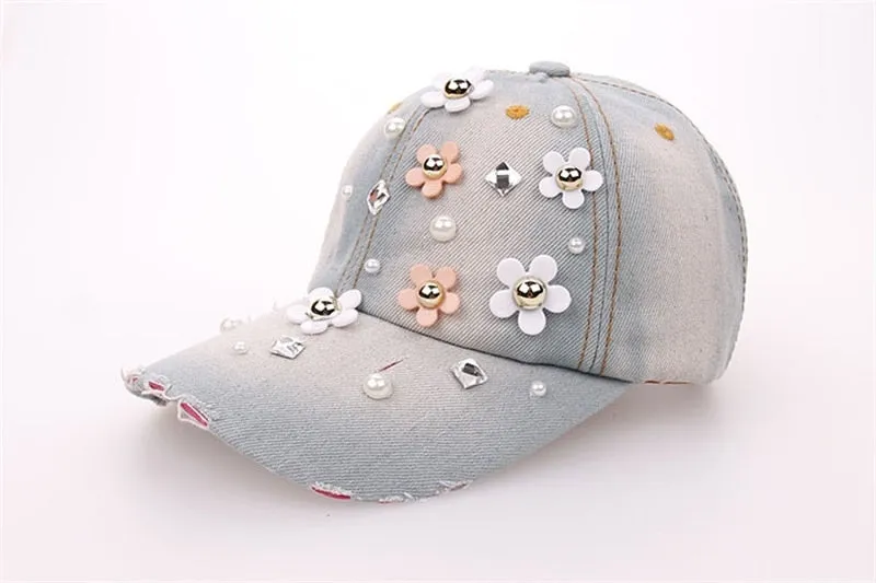 Casual Women's Rhinestone Handmade Curved Peak Floral Pattern Baseball Cap