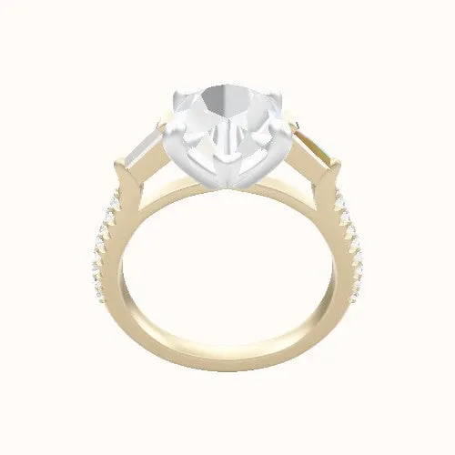 Cathedral Diamond Band with Tapered Baguette Sidestones Engagement Ring With Low Set Four Prong Head