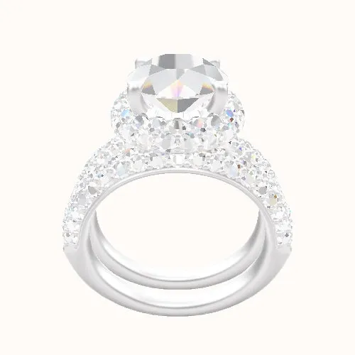 Cathedral Three Row Pave Engagement Ring With Low Set Waterfall Halo Head and Matching Band