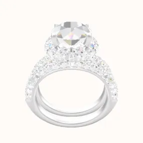 Cathedral Three Row Pave Engagement Ring With Low Set Waterfall Halo Head and Matching Band