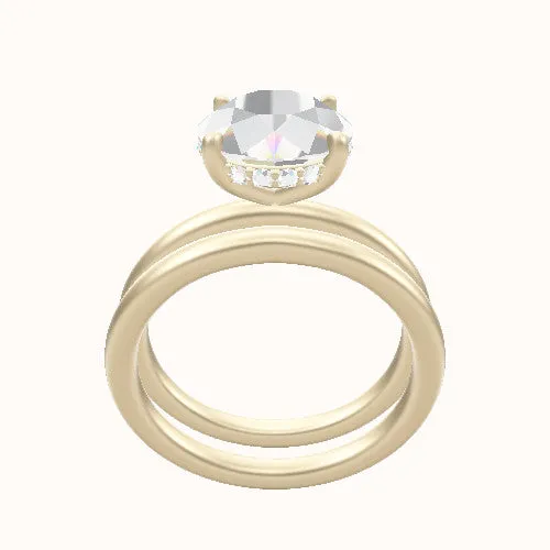 Classic Solitaire Engagement Ring With Low Set Pave  Hidden Halo Head and Matching Band