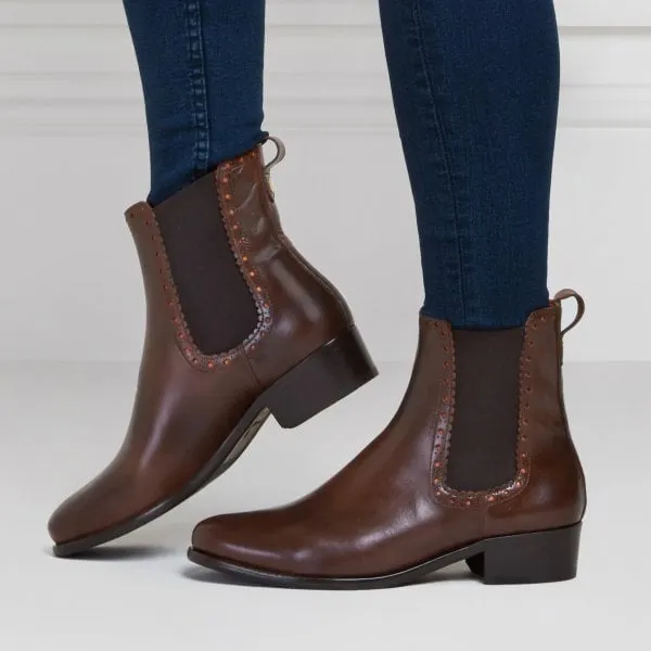 Fairfax & Favor Womens Brogued Chelsea Boot in Mahogany Leather