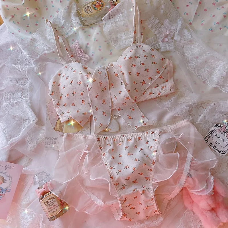 Floral Vintage Print Girly Princess Lingerie Set