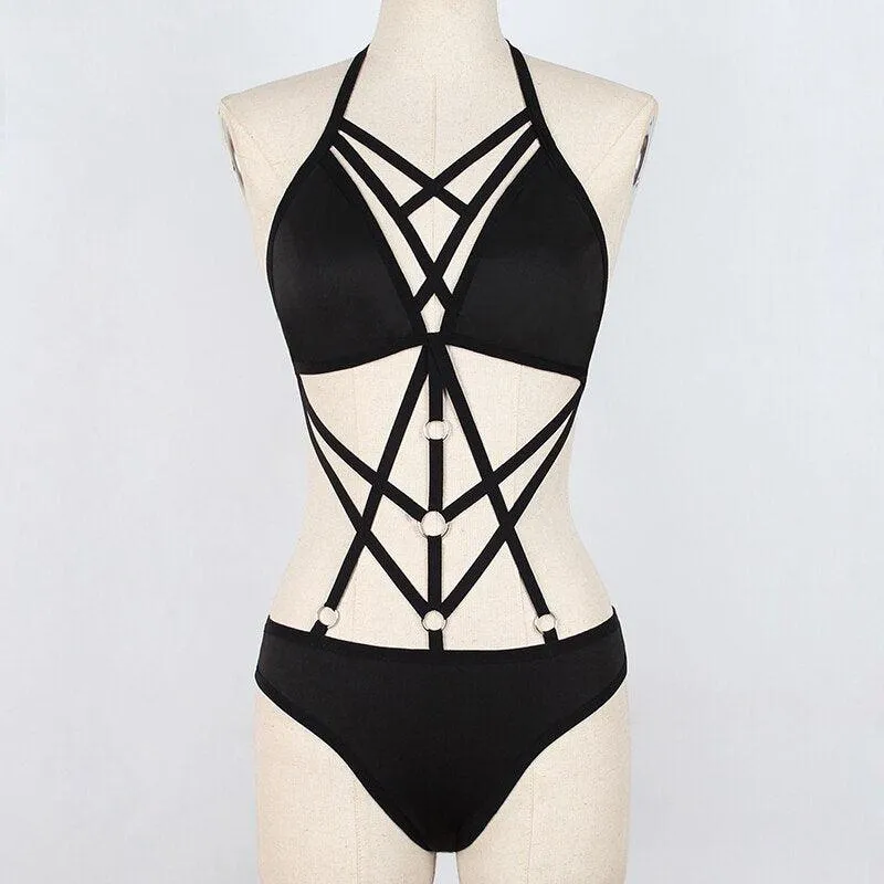 Gothic Lingerie Bodysuit Halter Push Up Bra