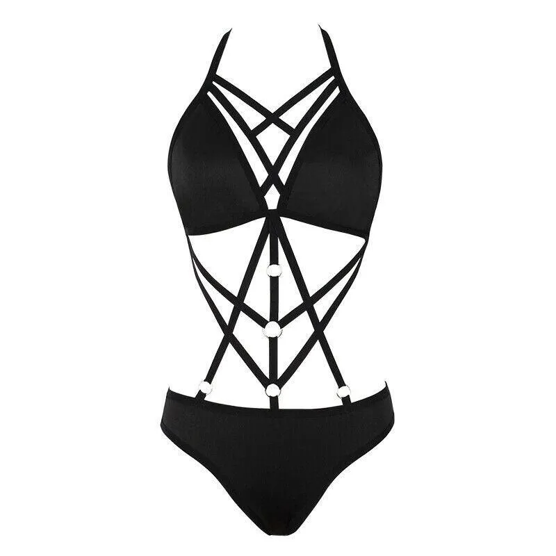 Gothic Lingerie Bodysuit Halter Push Up Bra