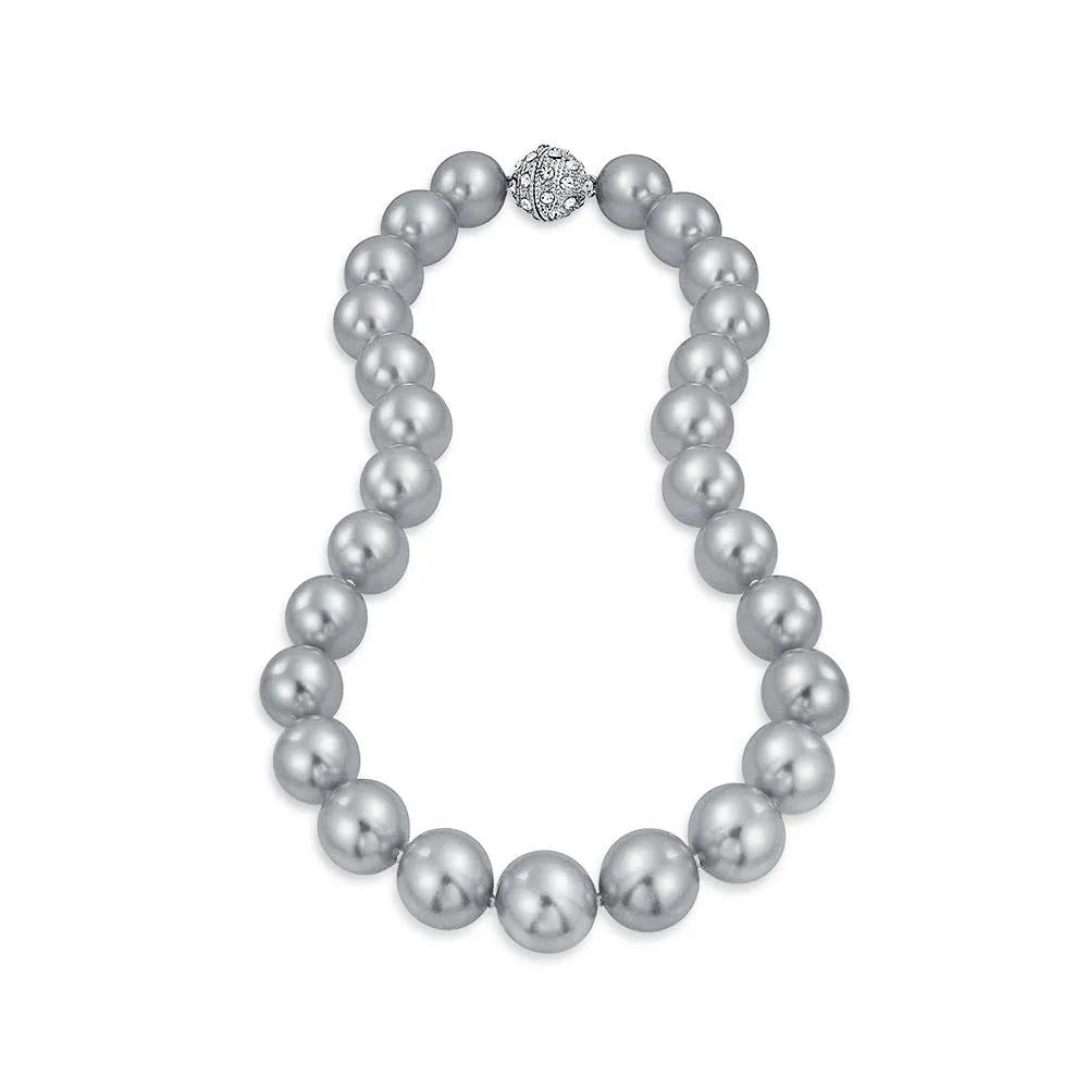 Grey Strand Necklace Crystal Clasp Simulated Pearl 14MM 18 inch