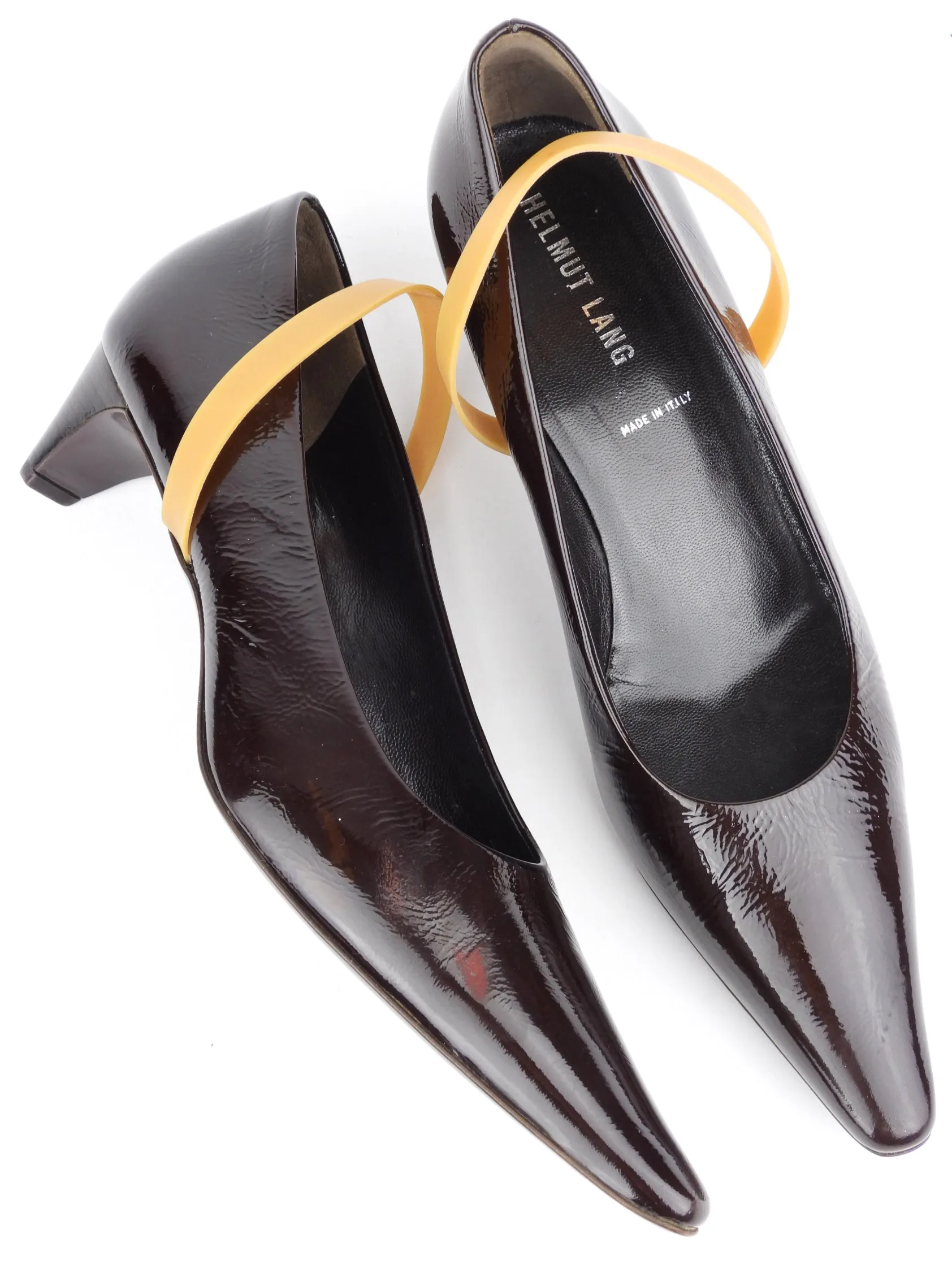 Helmut Lang Brown Patent Leather Rubber Band Kitten Heel - 38 EU