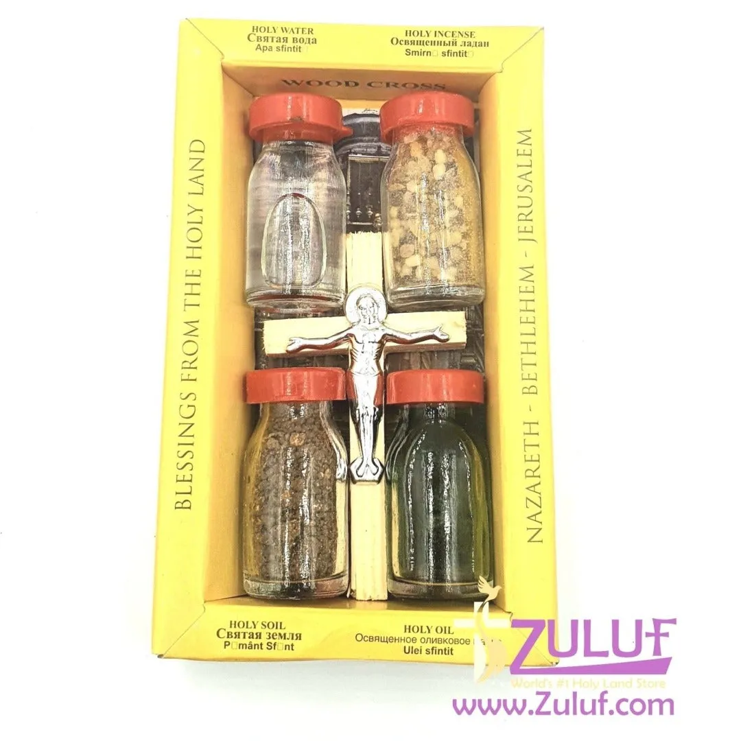 Holy Land Zuluf Set of 5 in 1 Olive Wood Cross Set with 4 Bottles -Holy Oil, Jordan River Water, Holy Earth & Holy Frankincense 