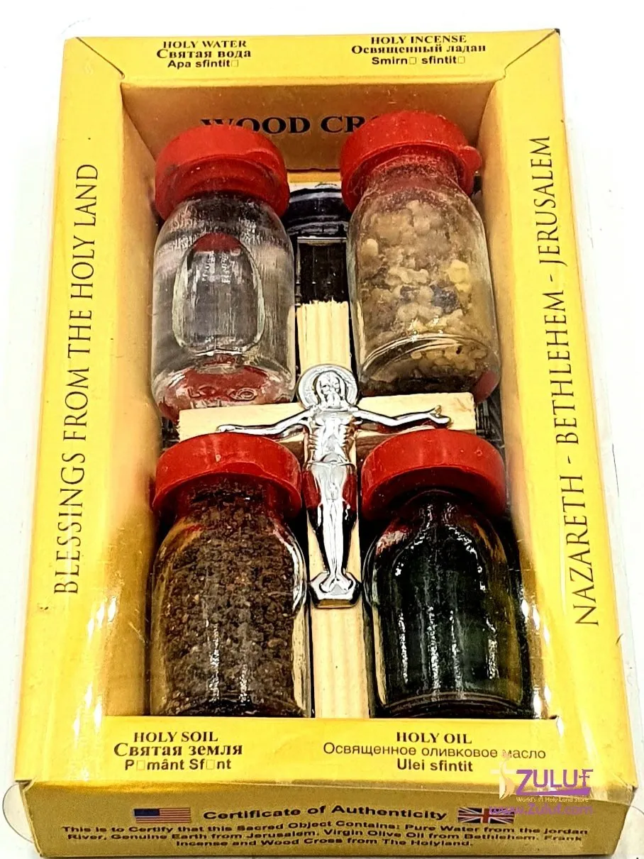 Holy Land Zuluf Set of 5 in 1 Olive Wood Cross Set with 4 Bottles -Holy Oil, Jordan River Water, Holy Earth & Holy Frankincense 