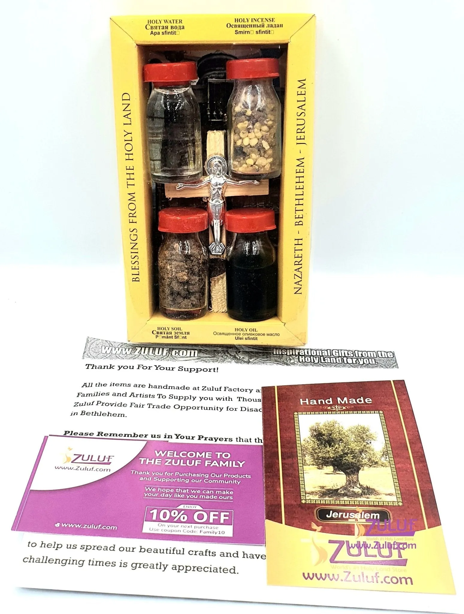 Holy Land Zuluf Set of 5 in 1 Olive Wood Cross Set with 4 Bottles -Holy Oil, Jordan River Water, Holy Earth & Holy Frankincense 