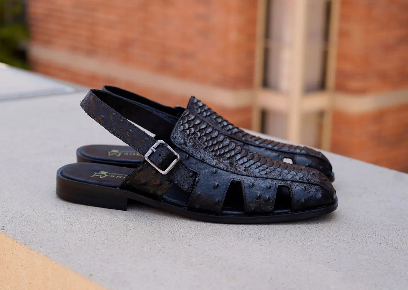 Maurice Embossed Calfskin Slip-On Back-Strap Sandal Black