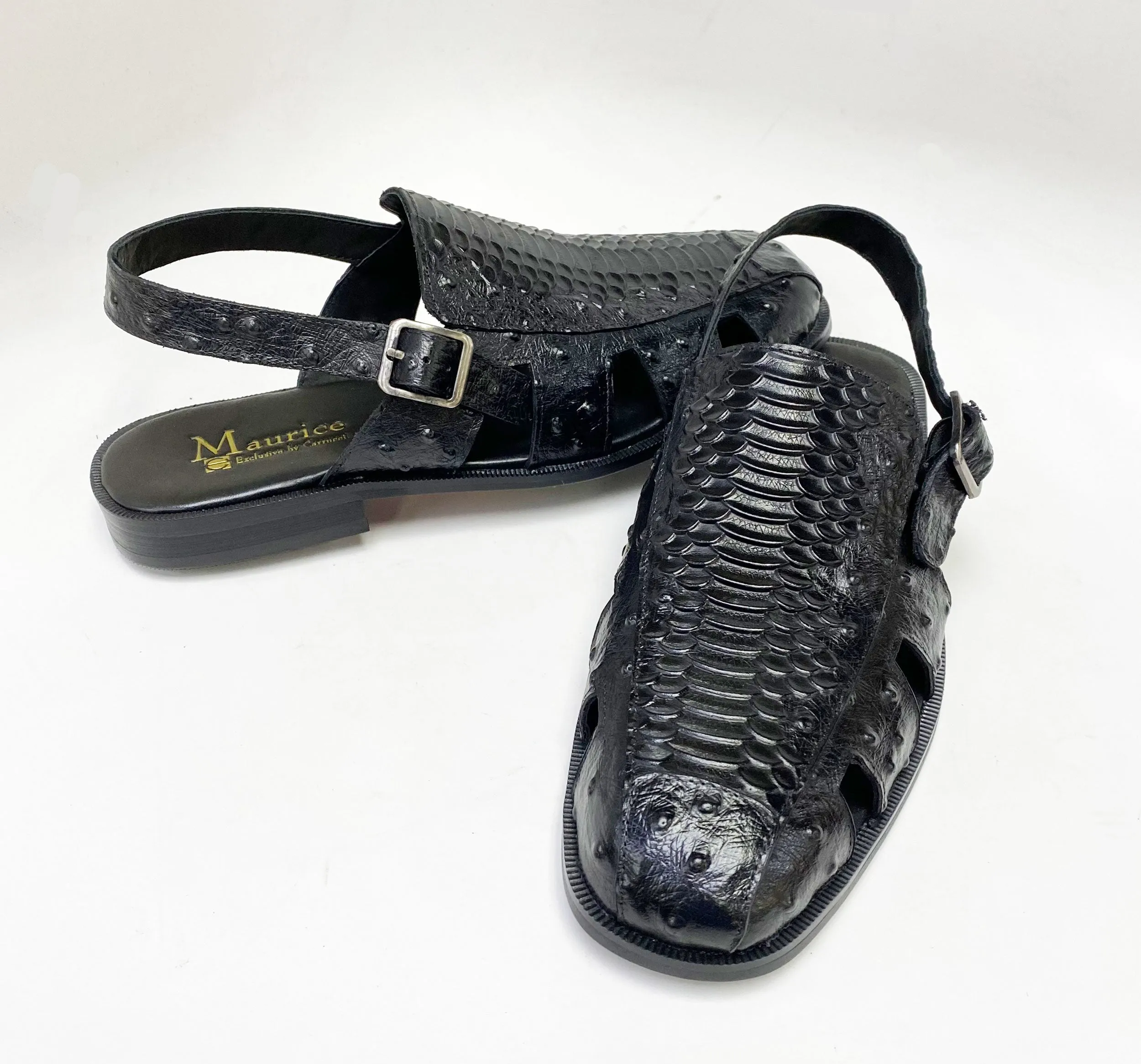 Maurice Embossed Calfskin Slip-On Back-Strap Sandal Black