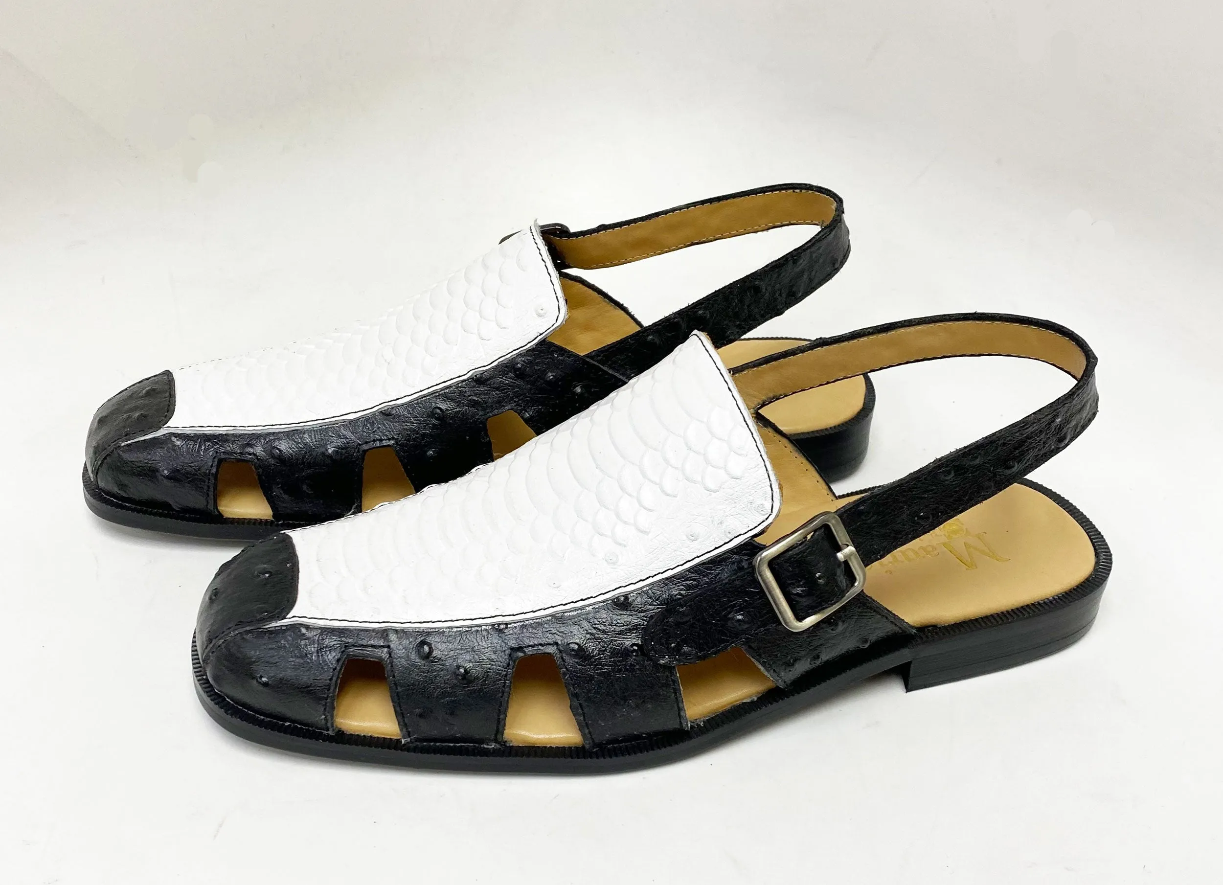 Maurice Embossed Calfskin Slip-On Back-Strap Sandal Black/White