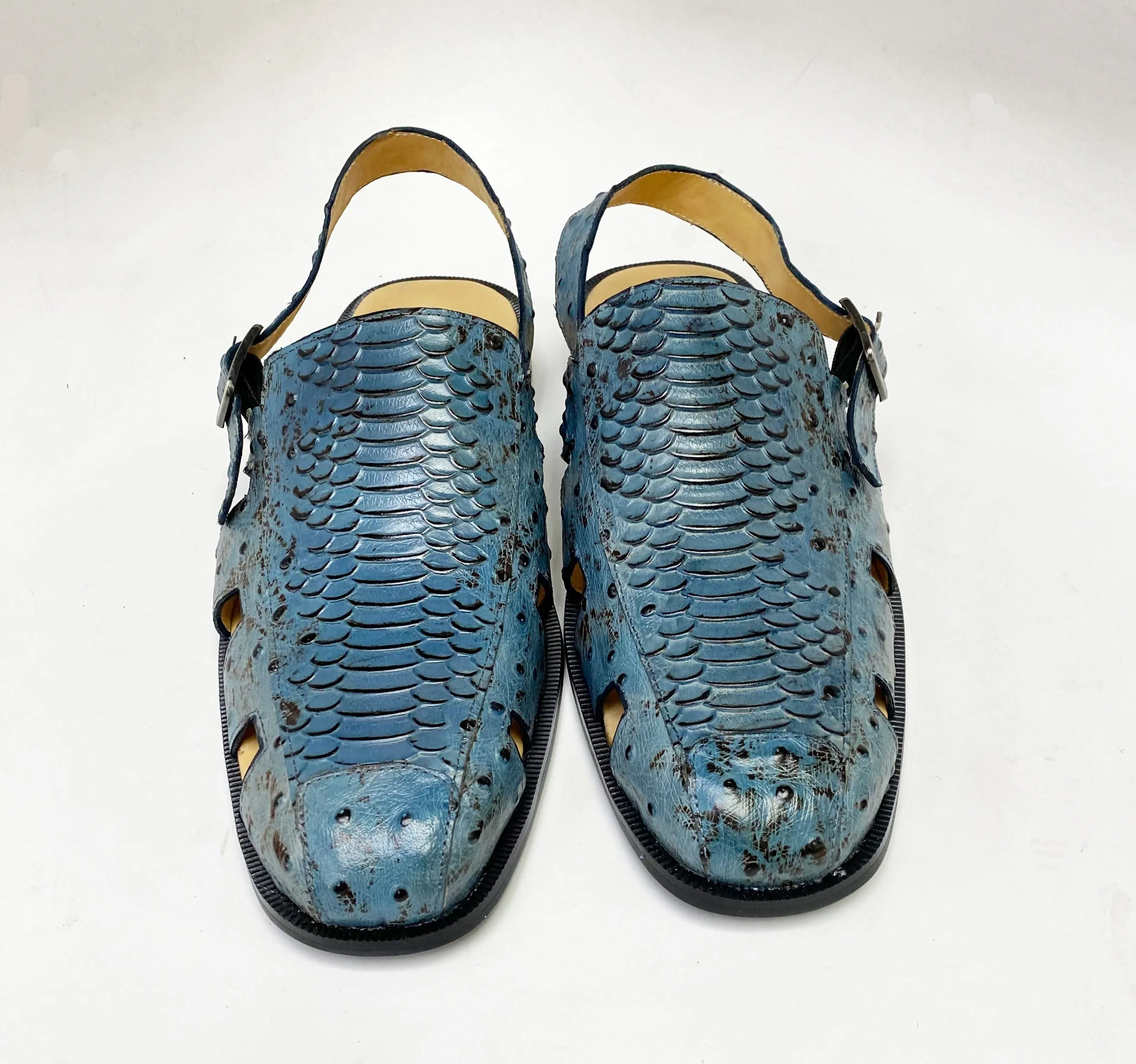 Maurice Embossed Calfskin Slip-On Back-Strap Sandal Blue