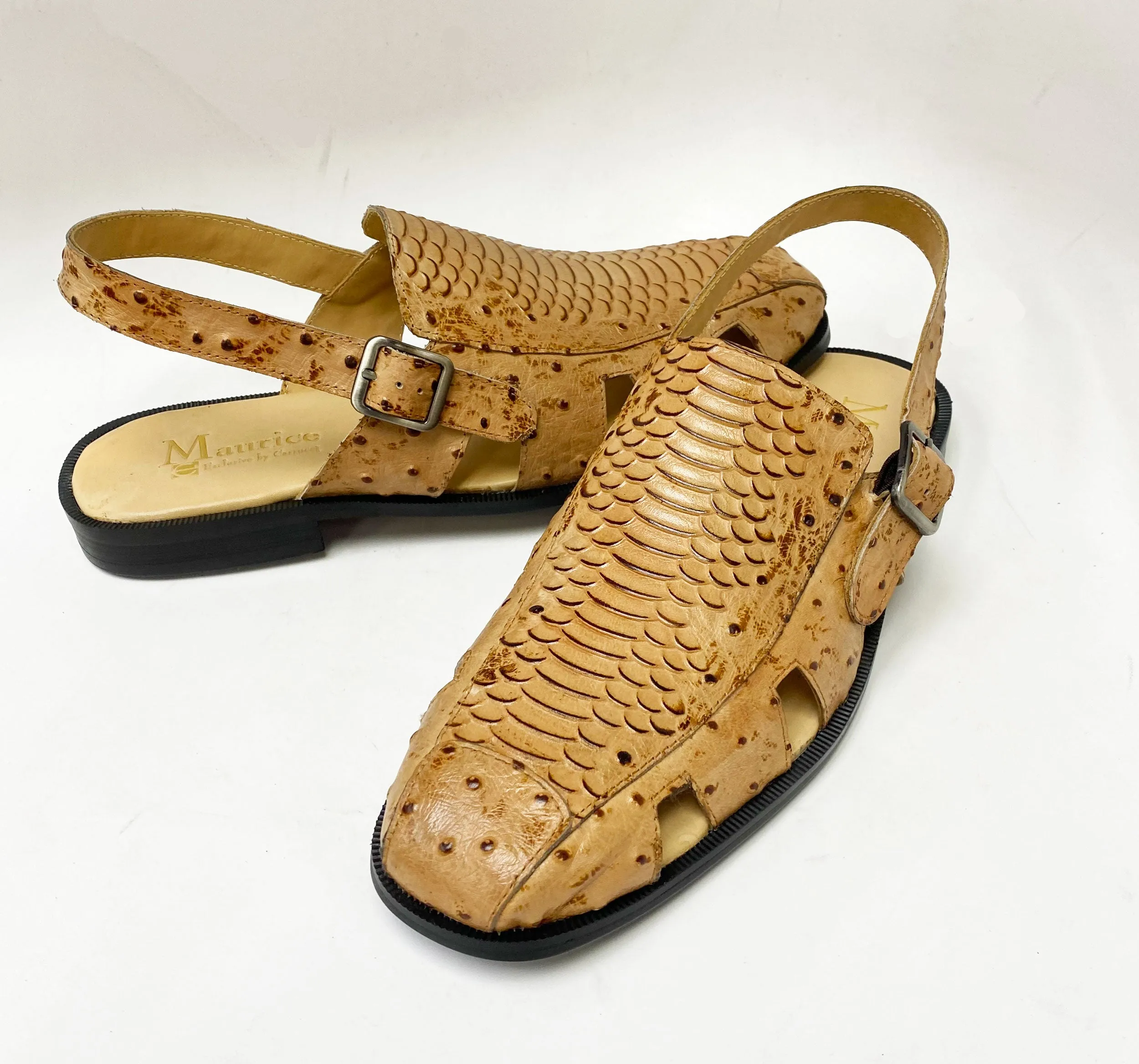 Maurice Embossed Calfskin Slip-On Back-Strap Sandal Camel