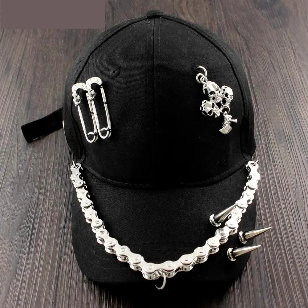 Men's Synthetic Leather Hip Hop Skull Spike Chain Motorcycle Baseball Hat