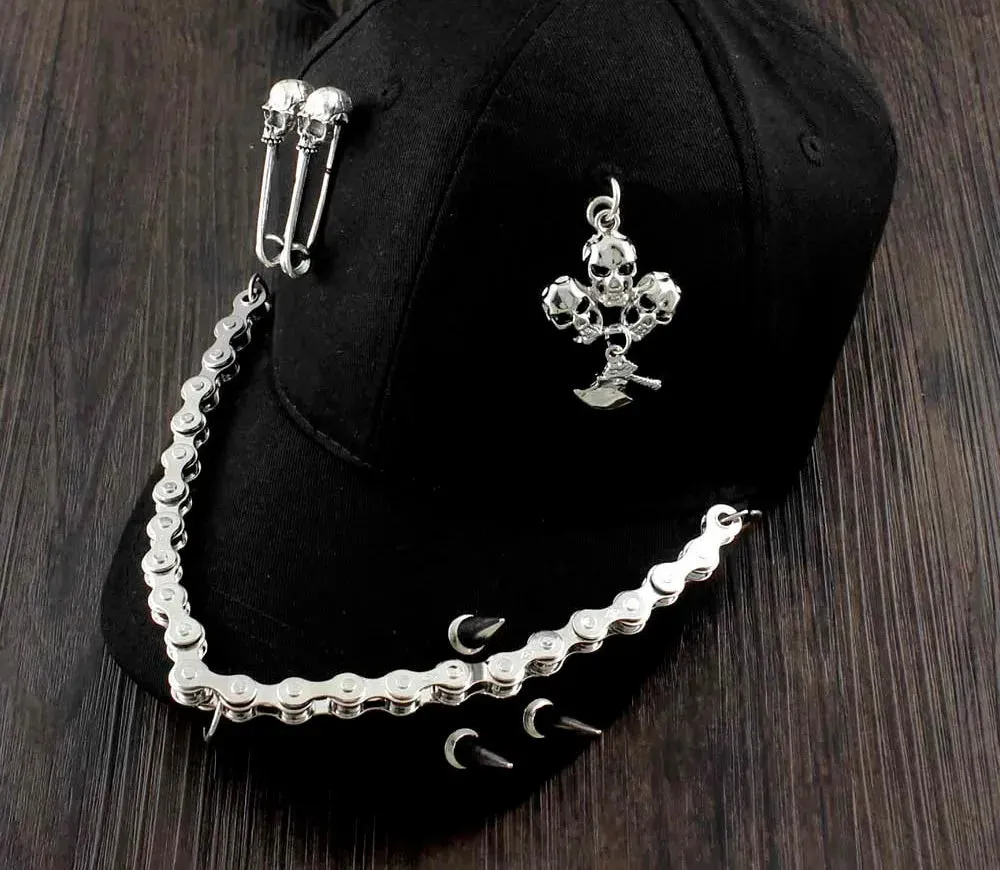 Men's Synthetic Leather Hip Hop Skull Spike Chain Motorcycle Baseball Hat