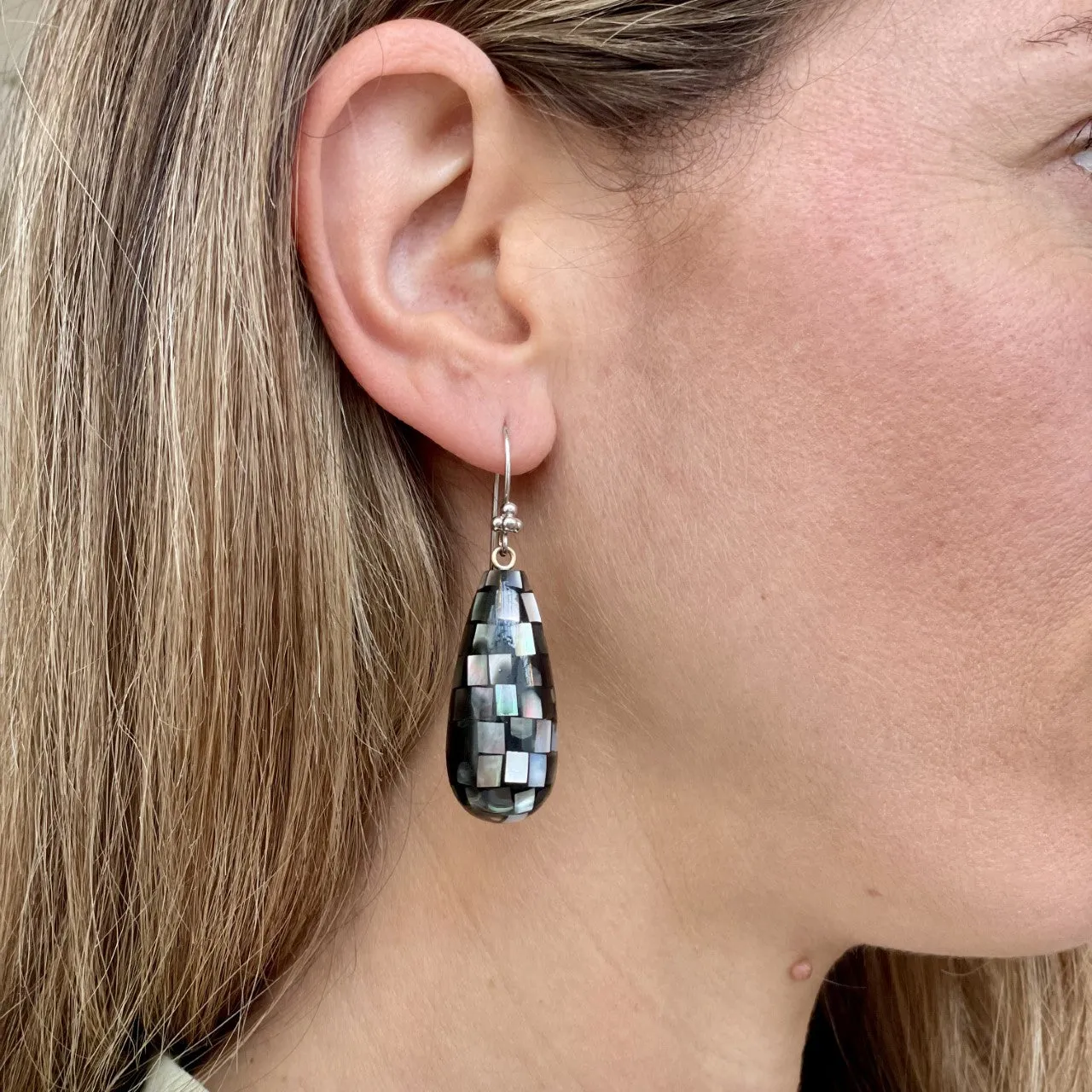 Mother of Pearl Dark Grey Mosaic Earring Drops