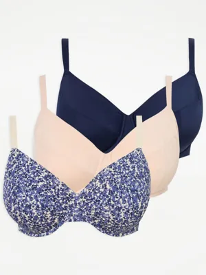 Navy/Nude Ditsy Smudge Non-Padded T-Shirt Bras 3 Pack | Lingerie | George at ASDA