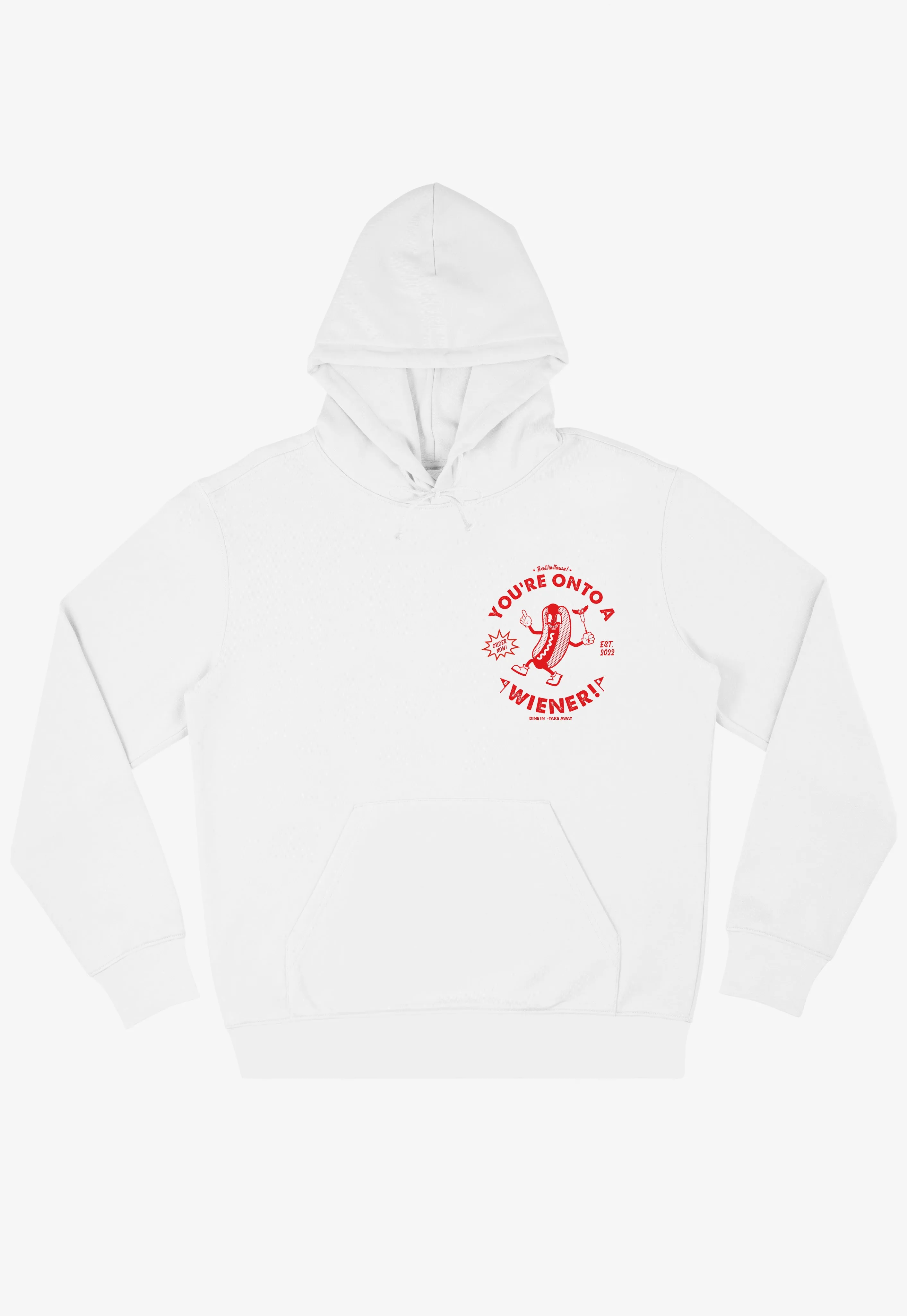 Onto A Wiener White Hoodie with Hot Dog Logo