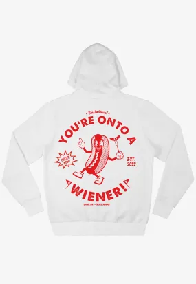 Onto A Wiener White Hoodie with Hot Dog Logo