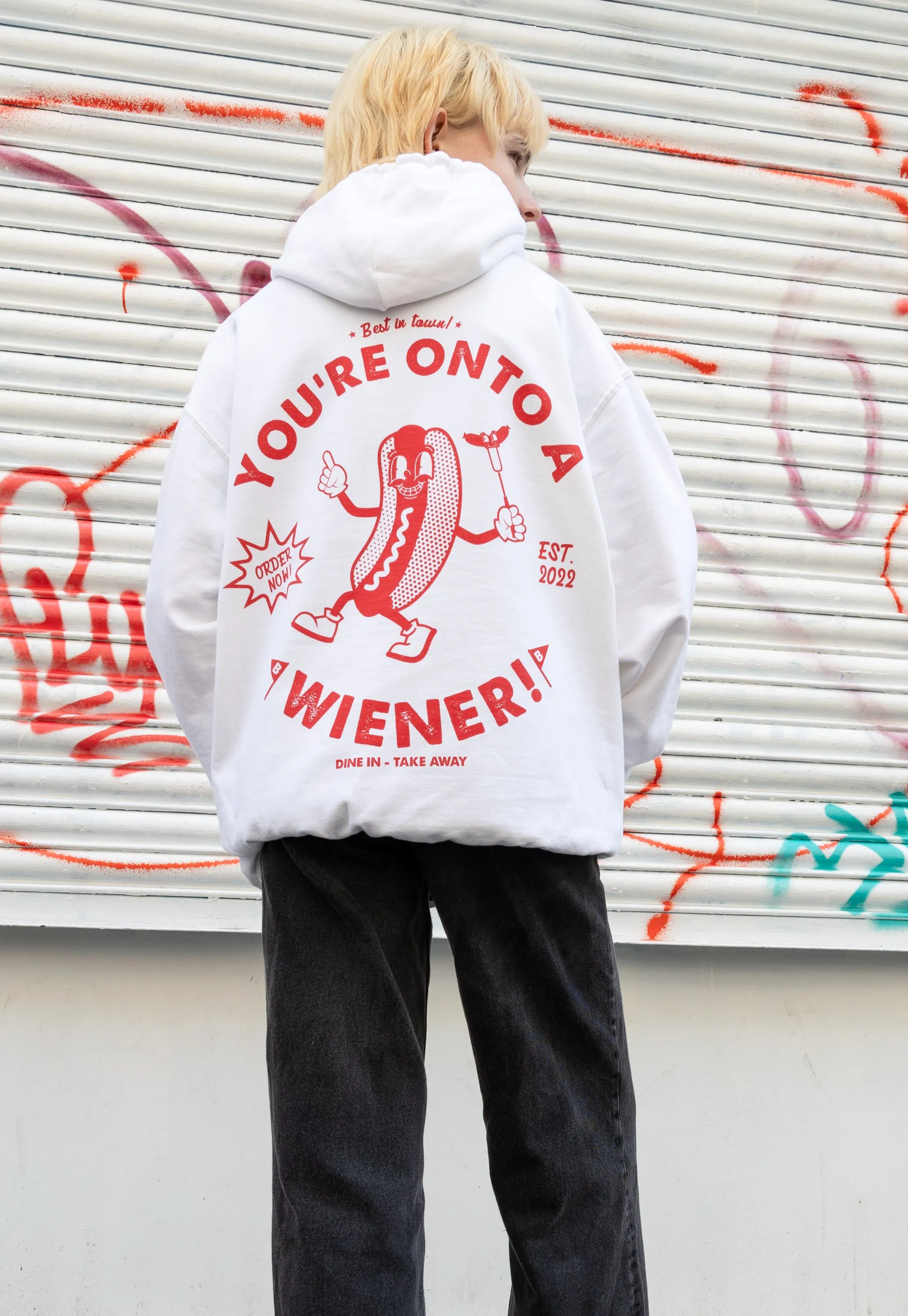 Onto A Wiener White Hoodie with Hot Dog Logo