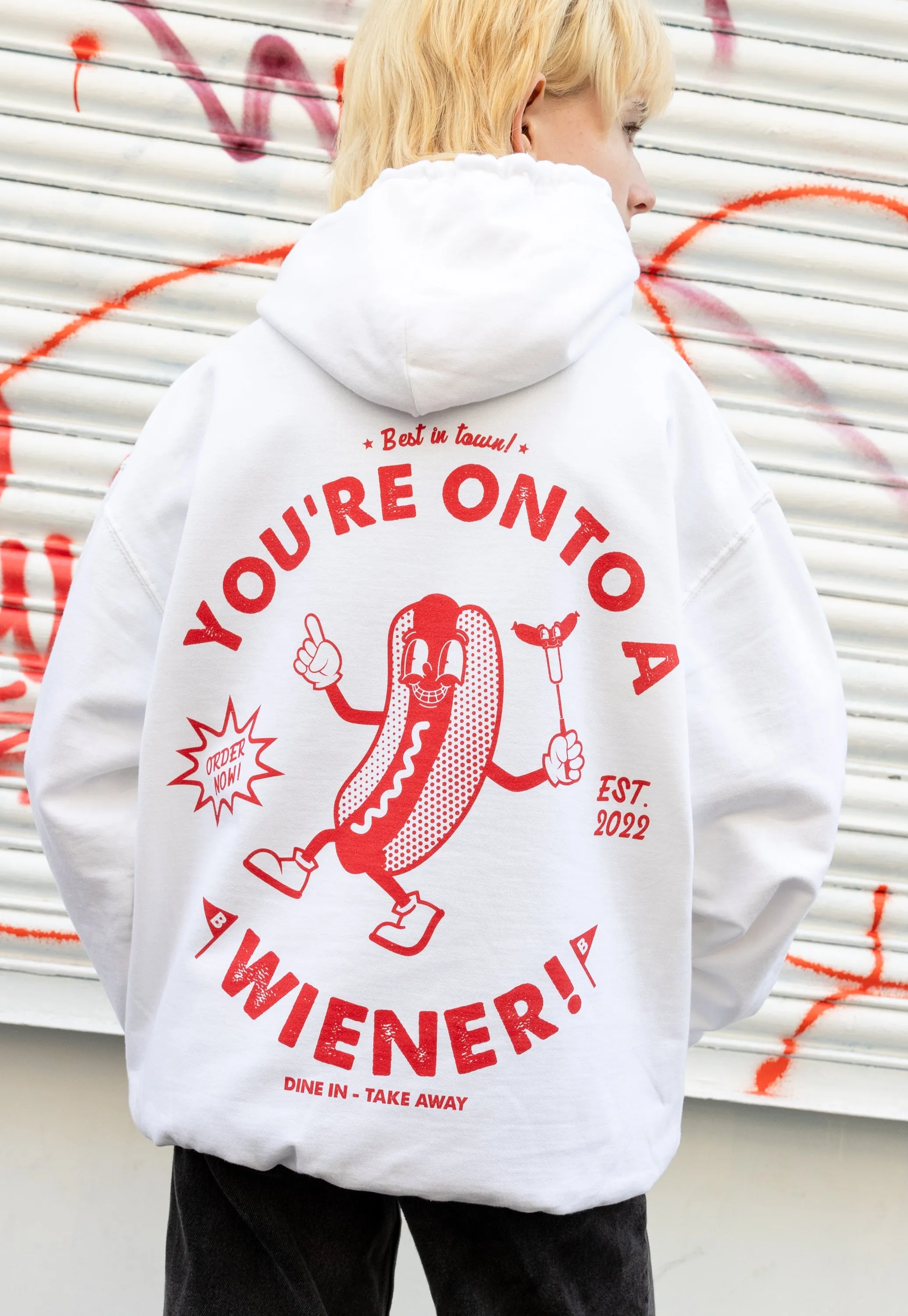 Onto A Wiener White Hoodie with Hot Dog Logo