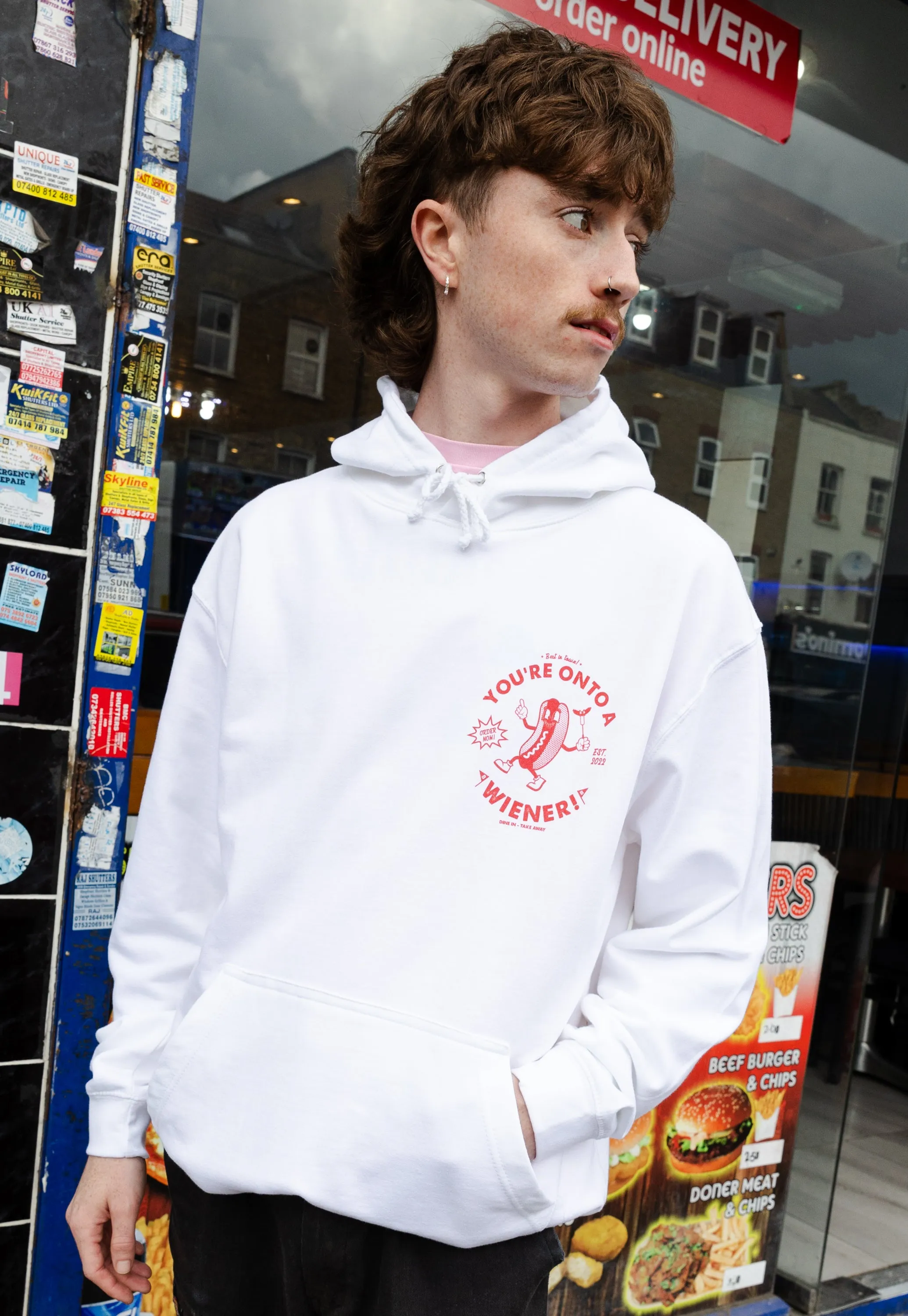 Onto A Wiener White Hoodie with Hot Dog Logo