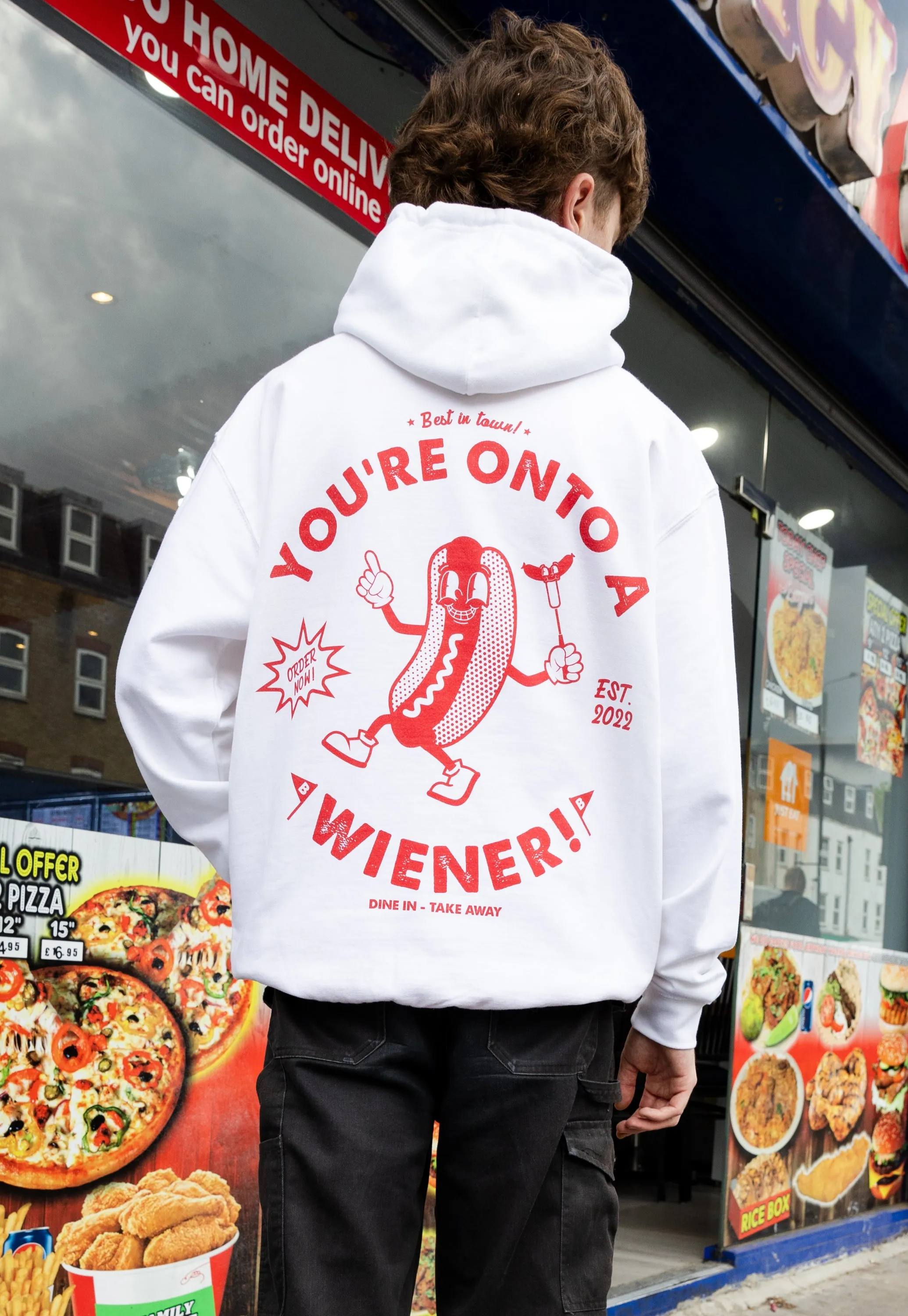 Onto A Wiener White Hoodie with Hot Dog Logo