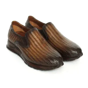 Paul Parkman LW204BRW Men's Shoes Brown Woven Leather Slip-On Sneakers (PM6420)