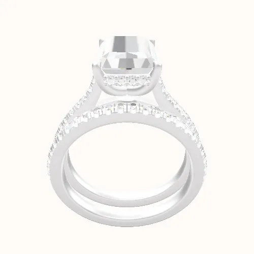 Pave Cathedral Engagement Ring With Low Set Pave  Hidden Halo Head and Matching Band