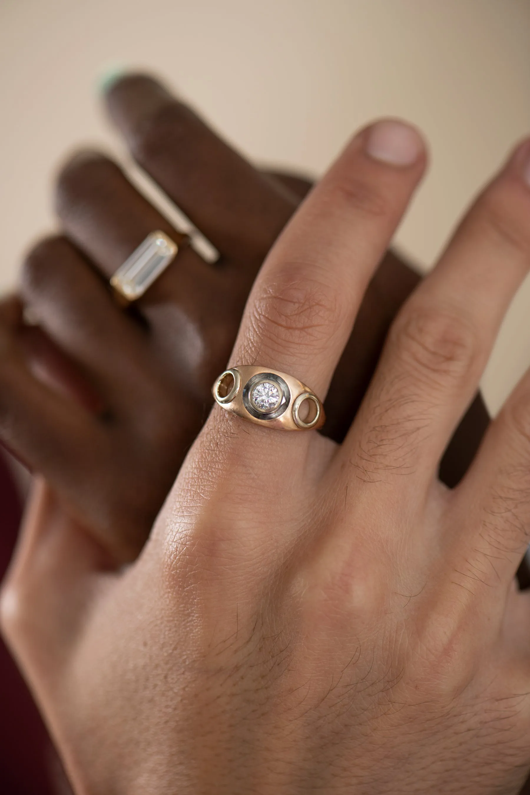 Piercing Engagement Ring with Grommets and a Grey Diamond Halo