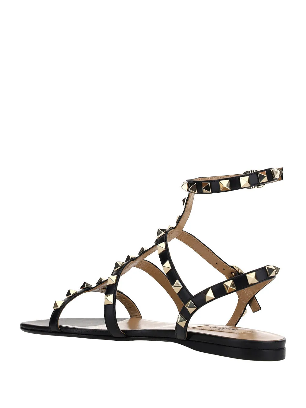 Rockstud Flat Calfskin Sandal with Straps - Black