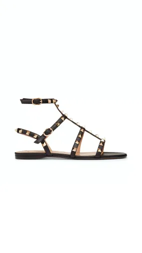 Rockstud Flat Calfskin Sandal with Straps - Black