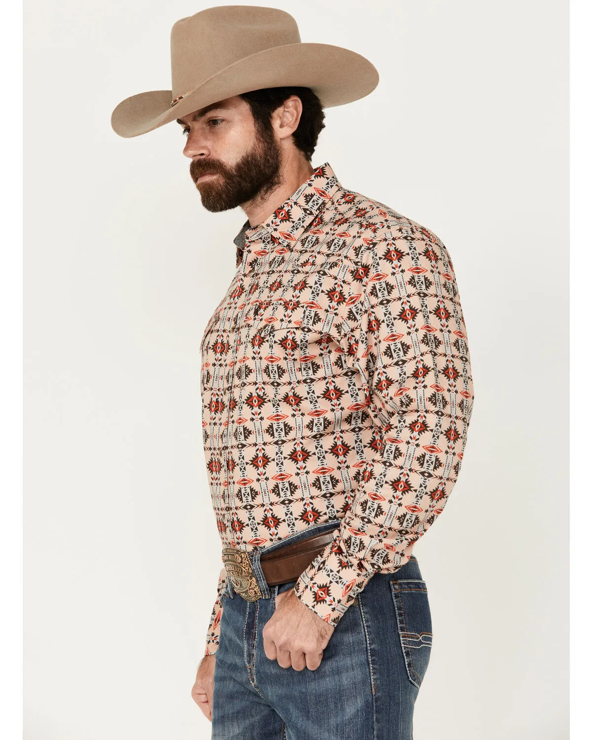 Rodeo Clothing Men's Southwestern Print Long Sleeve Snap Stretch Western Shirt