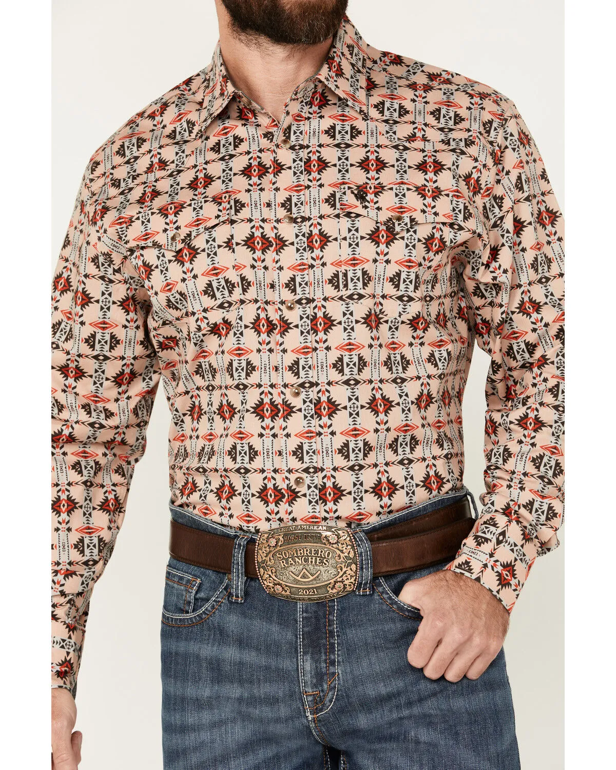 Rodeo Clothing Men's Southwestern Print Long Sleeve Snap Stretch Western Shirt