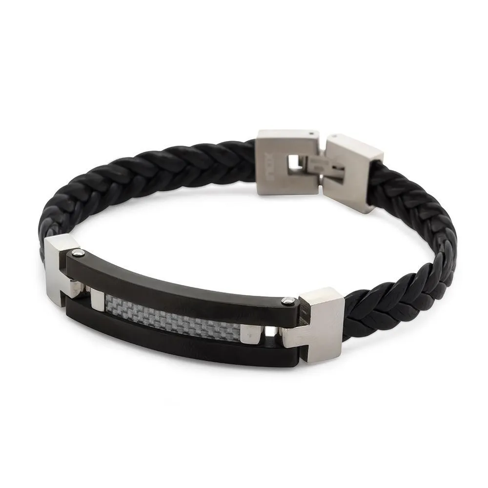 Stainless Steel Leather Bracelet with Grey Carbon Fiber Inlaid