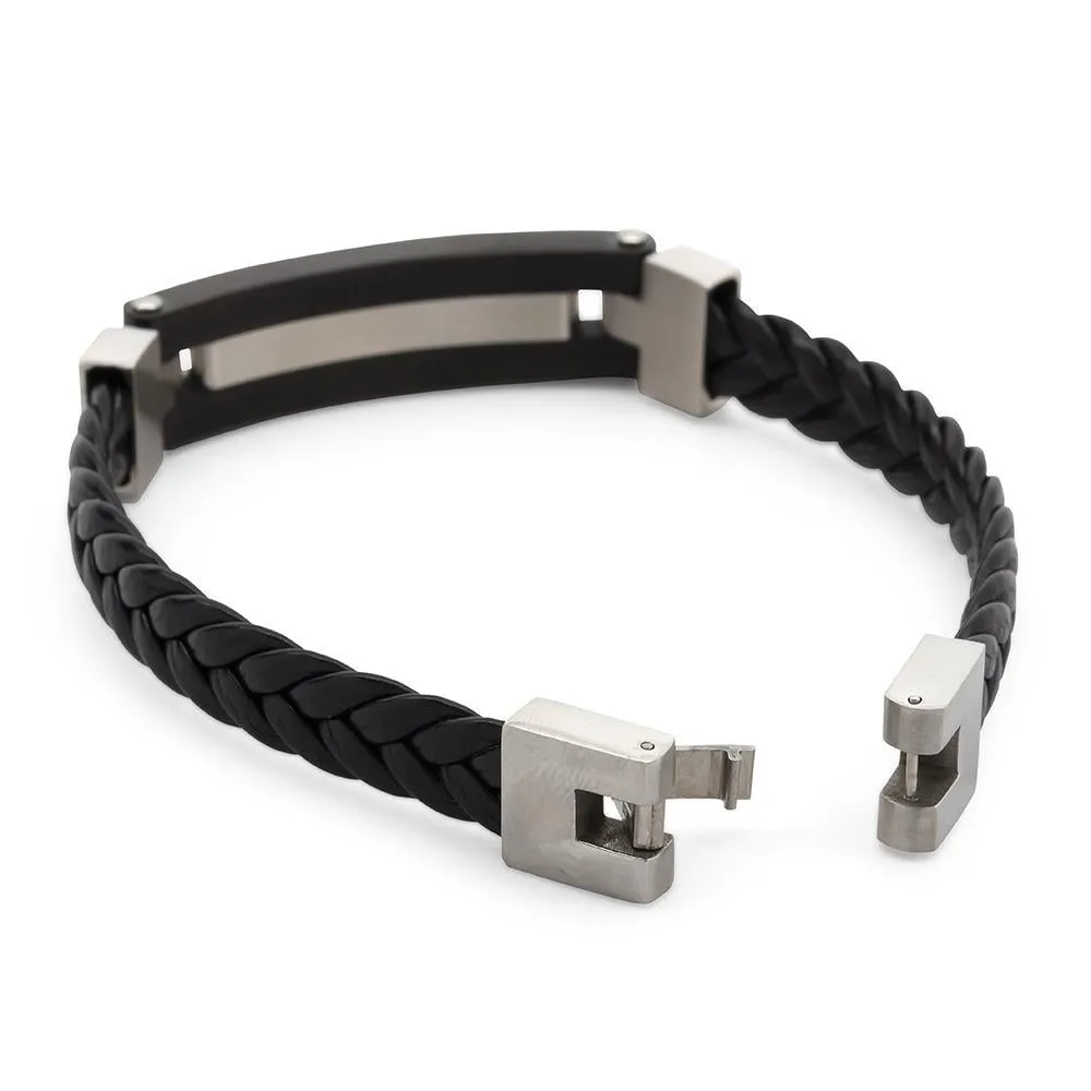 Stainless Steel Leather Bracelet with Grey Carbon Fiber Inlaid