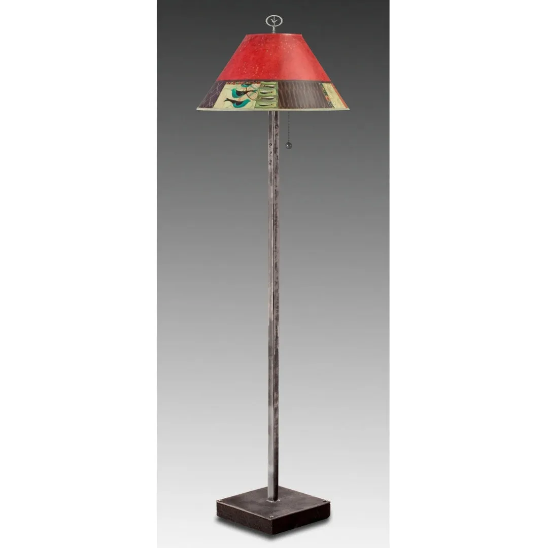 Steel Floor Lamp on Reclaimed Wood with Large Conical Shade in Red Match