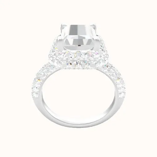 Three Row Pave Engagement Ring With Low Set Waterfall Halo Head