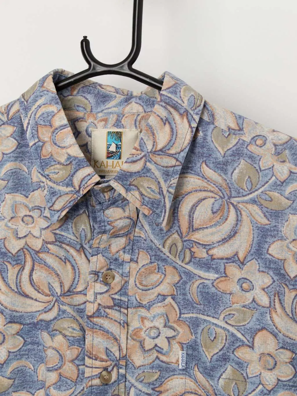 Vintage blue Hawaiian shirt with brown florals – Medium / Large