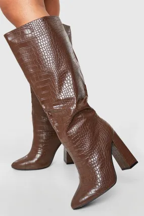 Wide Width Knee High Block Heel Croc Boots